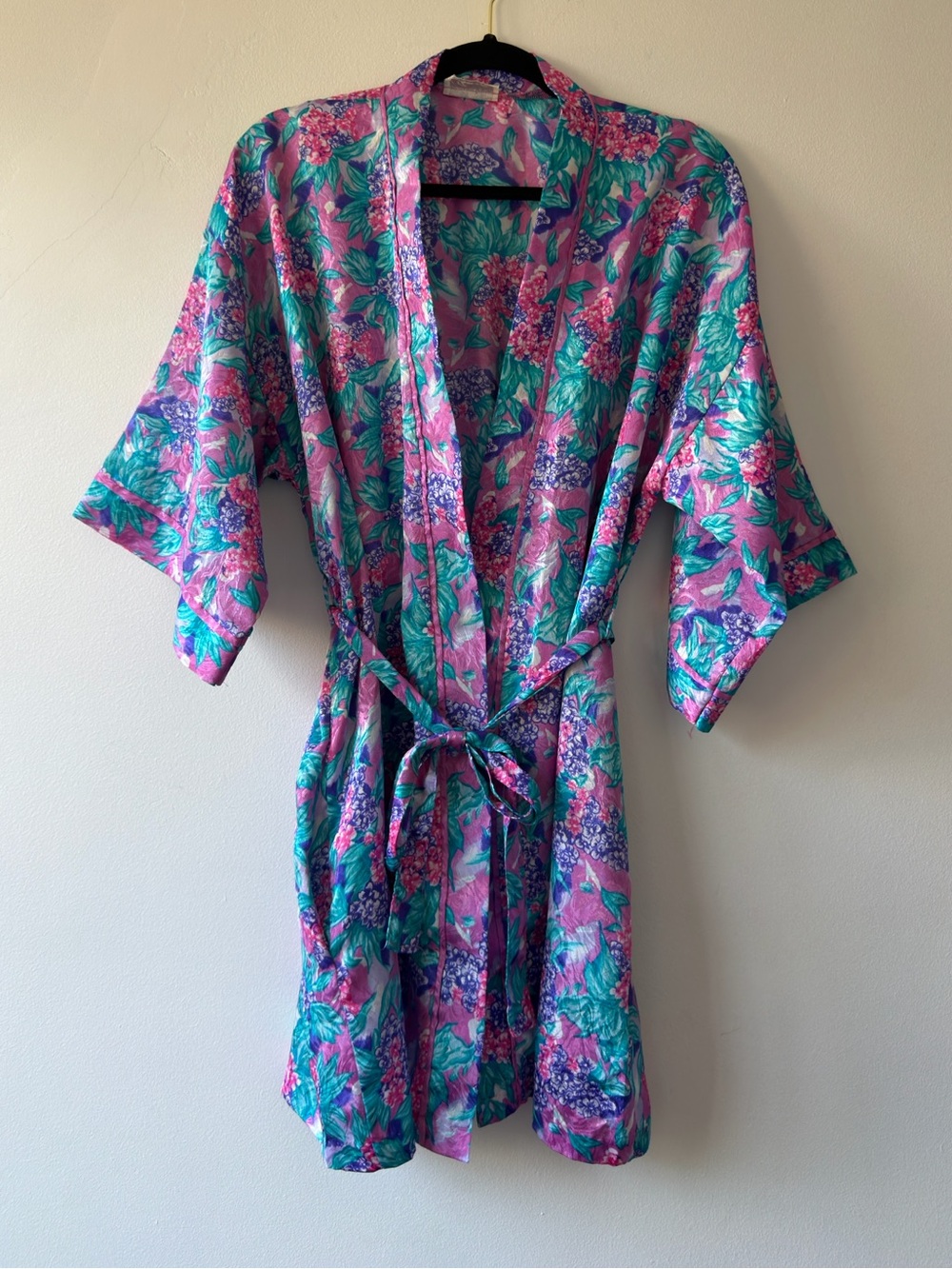 Inner Most Vintage Floral Satin Robe Pink Purple Teal Short Kimono Wrap Belted